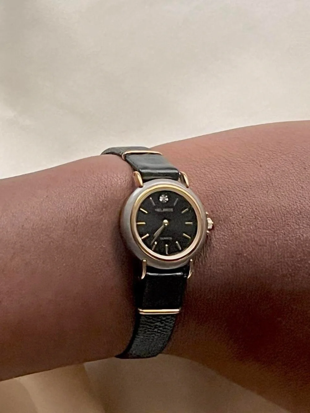 Timeless Vintage Helbros Black Leather Women's Wristwatch - Gold Accents